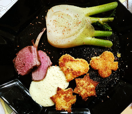 Lammracks an Senf-Sabayon, Felchelgemüse und Griessgnocchi