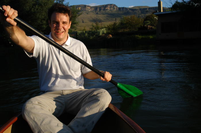 Richard in Canoe at Cleopatra Farmhouse in the Drakensberg mountains